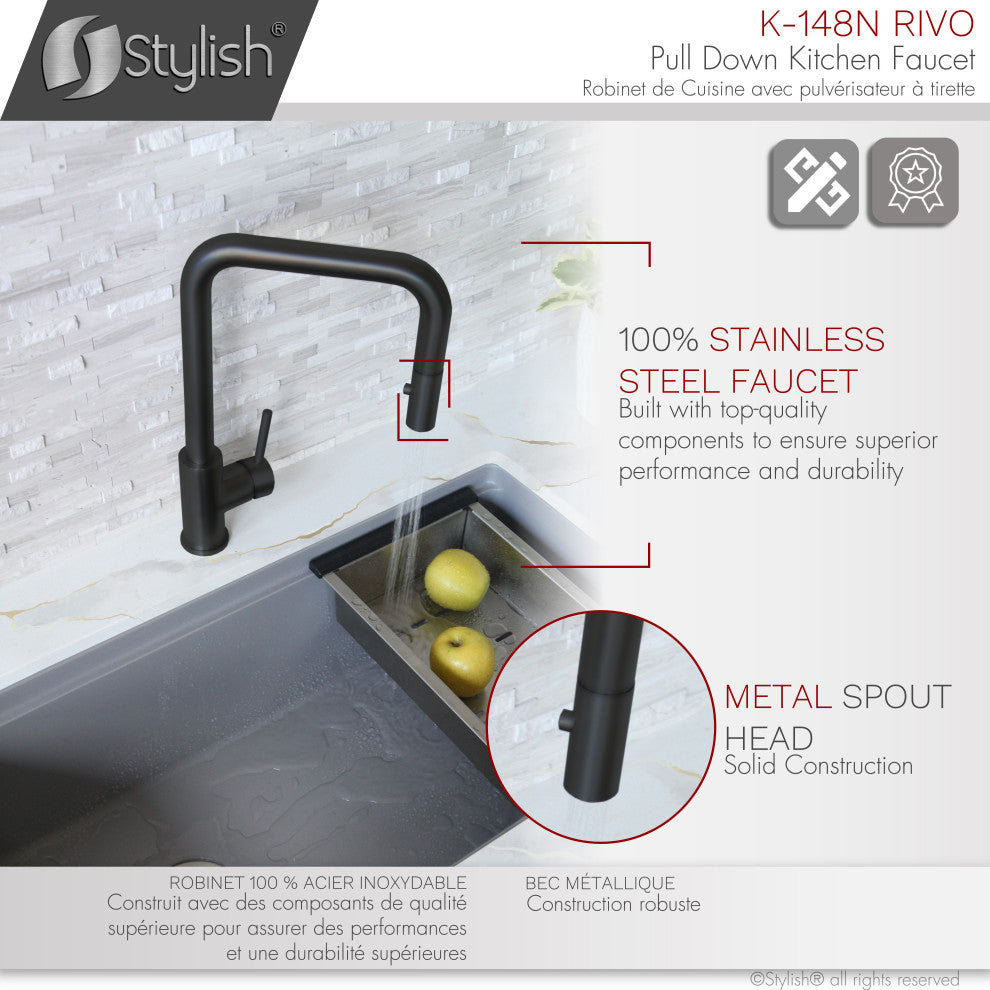 STYLISH Single Handle Pull-Down Dual Mode Kitchen Faucet Stainless Steel/Black