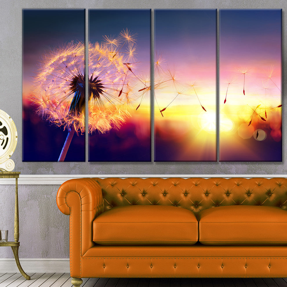 Dandelion at Sunset Freedom to Wish, Abstract Wall Art Canvas, 48"x28", 4 Panels
