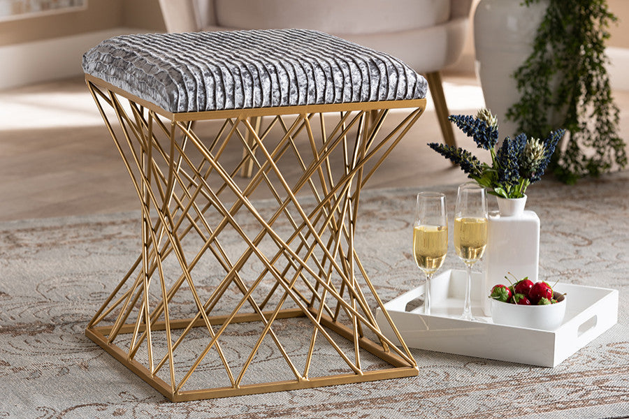 Fiore Glam and Luxe Grey Crushed Velvet Fabric Upholstered Gold Finished Ottoman