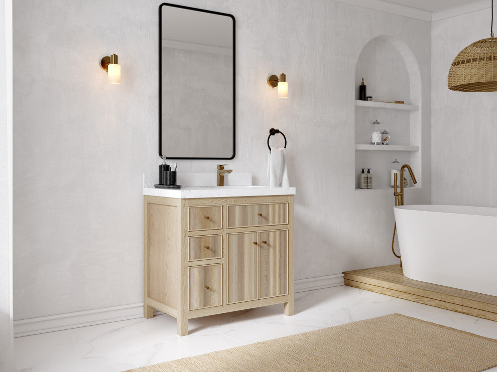 Sonoma Oak 36 Right Offset Bath Vanity with 2" Piatra Gray Quartz
