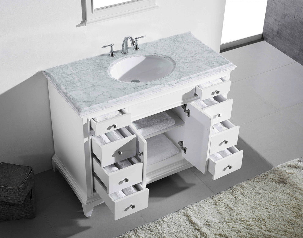 48" White Vanity Set Double OG White Carrera Marble Top,White Porcelain Sink