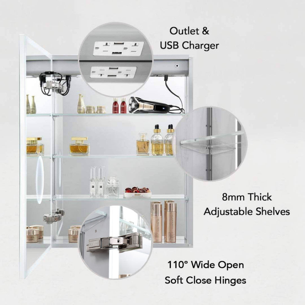 LED Mirror Medicine Cabinet With 3X, Defogger, Dimmer Outlets and USB, 20/L