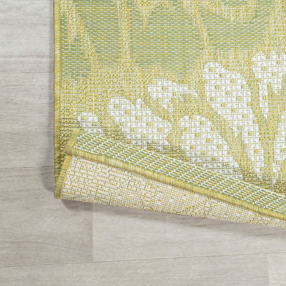 Zinnia Modern Floral Textured Weave Indoor/Outdoor, Green/Cream, 5' Square