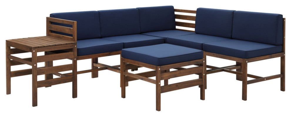7 Piece Modular Acacia set with Ottoman and Side Table - Dark Brown/Navy Blue