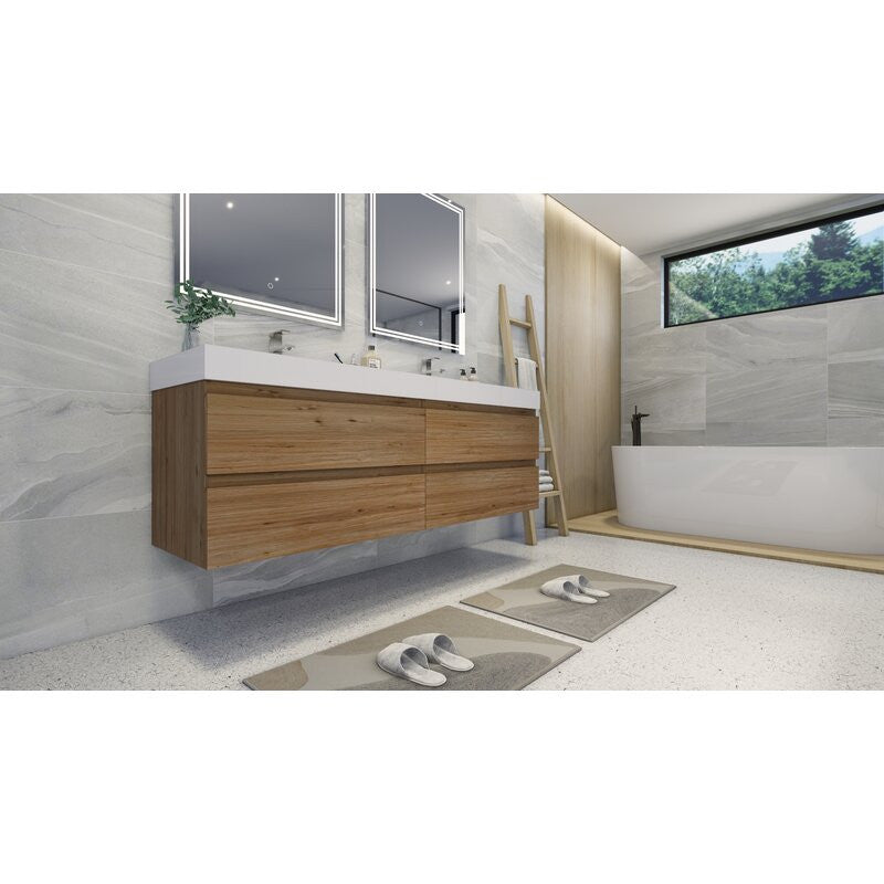 84" Double Sink Wall Mount Vanity, Acrylic Sink, Natural Oak