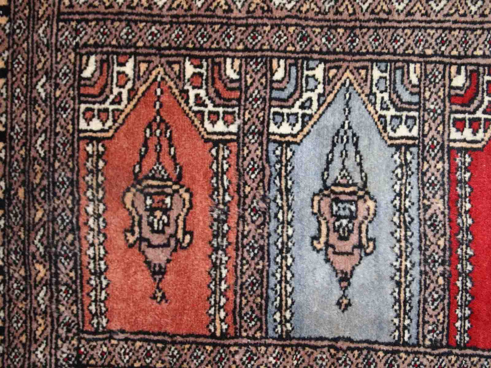 Handmade vintage Uzbek Bukhara prayer rug 1.5' x 3.3' (45cm x 101cm) 1970s