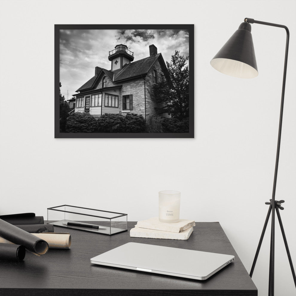 Cedar Point Lighthouse in Black and White Framed Photo Paper Wall Art Prints, Black, 16" X 20"