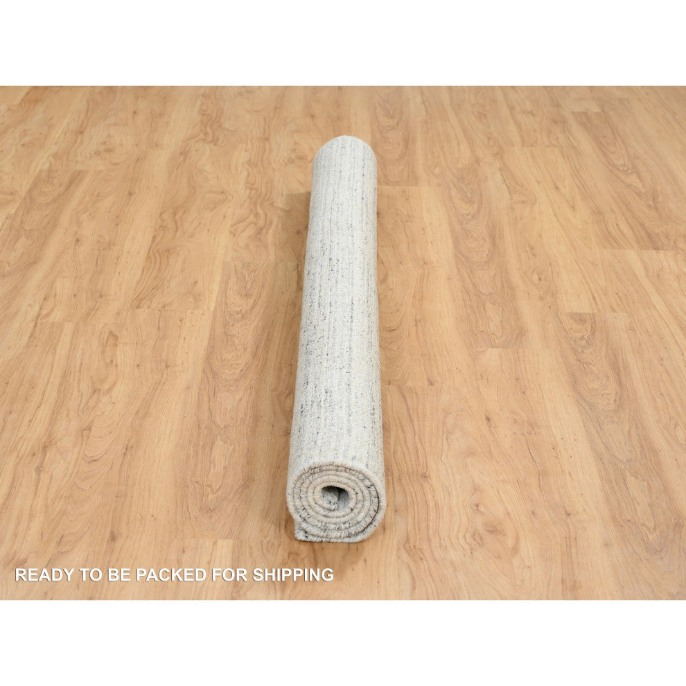 Ivory Soft Wool Hand Loomed Plain Modern Striped Design Square Rug, 6'0"x6'0"