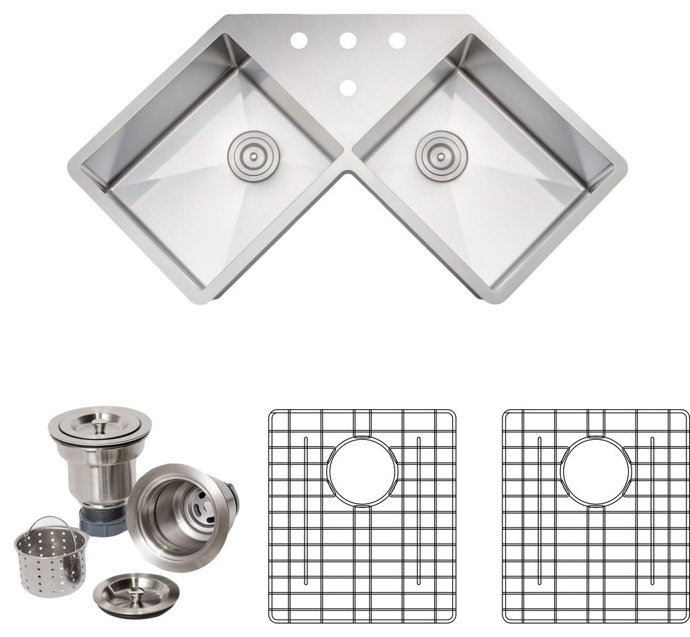 Wells Sinkware Handcrafted Butterfly Stainless Steel Corner Kitchen Sink Package
