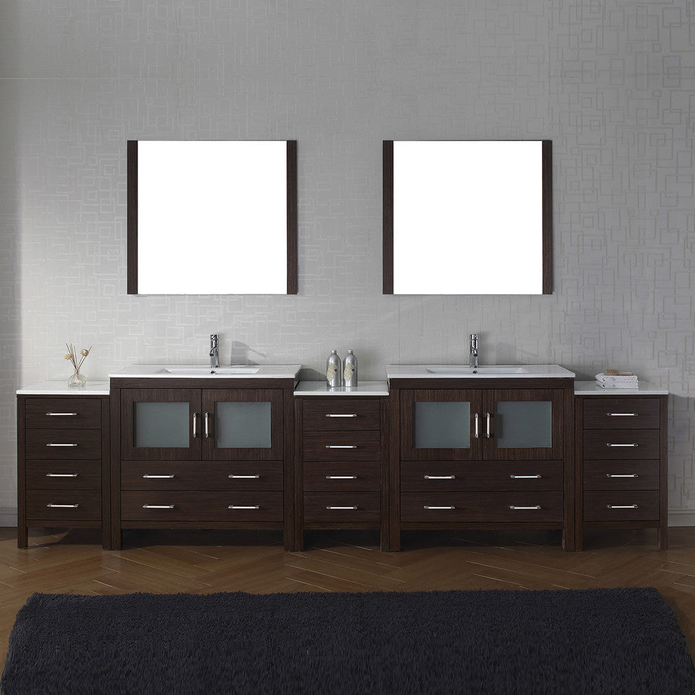 Virtu Dior 126" Double Bathroom Vanity, Espresso, Faucet, Mirrors