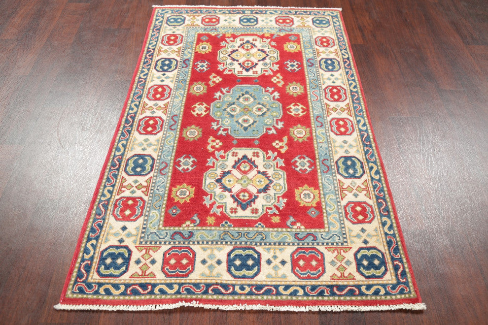 Kazak Oriental Traditional Pakistani Hand Made Area Rug, Red, 5'1"x3'3
