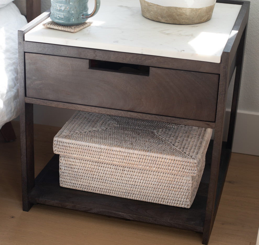 Artifacts Rattan Rectangular Storage Box With Lid, White Wash, 14"x10"x6"