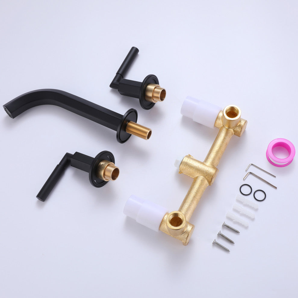 Wall Mounted Dual Handles Bathroom Sink Faucet, Matte Black