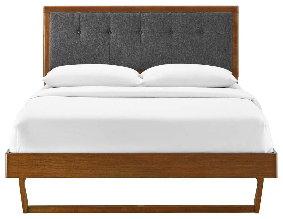 Platform Bed Frame, Queen Size, Fabric, Wood, Brown Walnut Gray, Modern