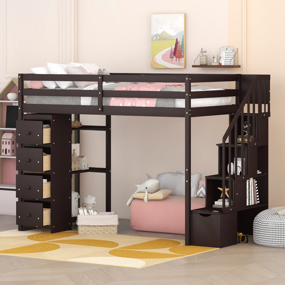 Gewnee Wood Twin Loft Bed with Storage Drawers and Stairs in Espresso
