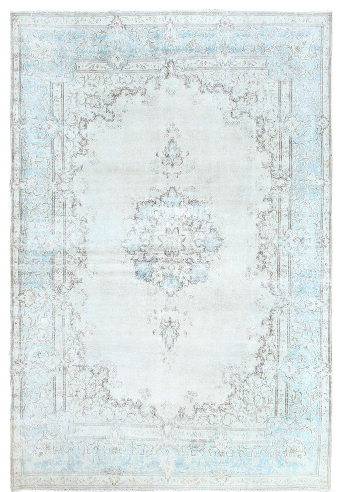 Vintage Persian Kerman Worn Wool Hand Knotted Ivory Oriental Rug  9'1" x 13'4"