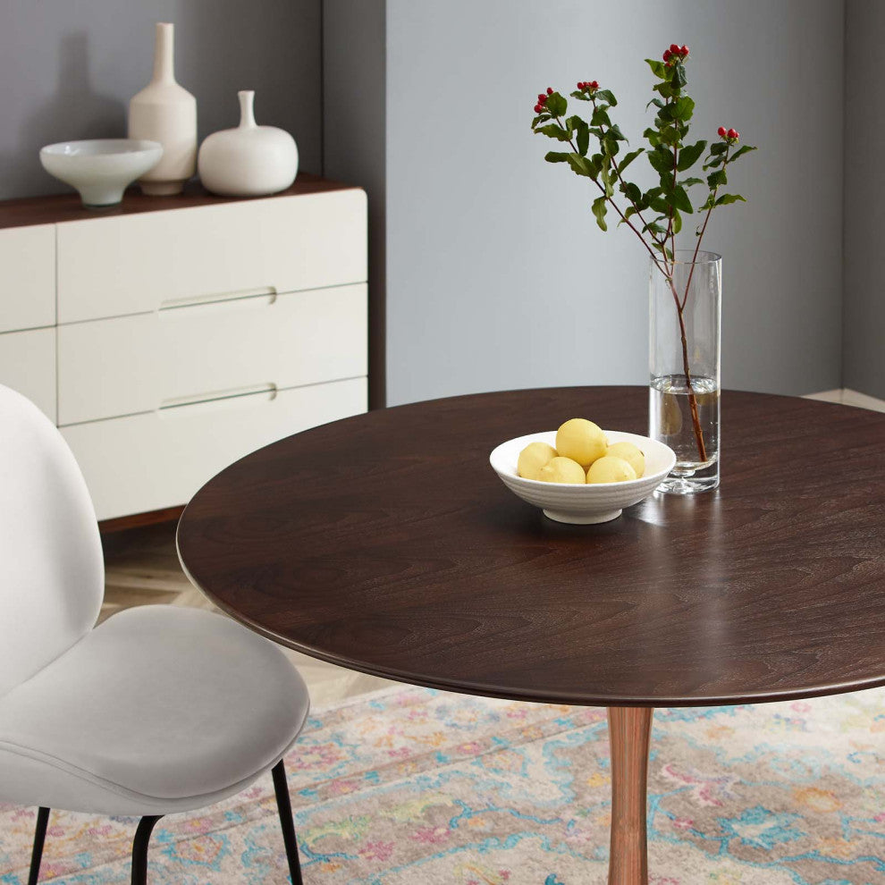 Dining Table, Round, Wood, Rose Gold Dark Brown Brown Walnut, Modern, Bistro