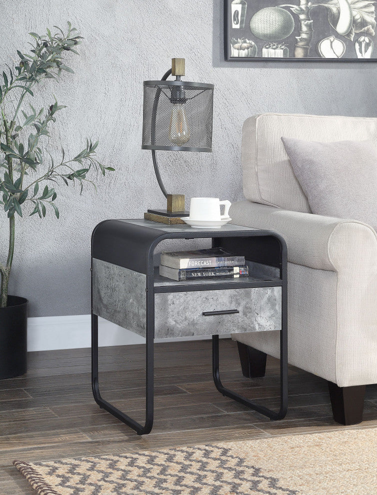 Acme Raziela End Table With Drawer Concrete Gray and Black Finish
