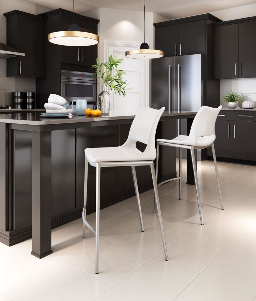 Counter Stool Chair, Set of 2, Faux Vinyl Leather, Steel, White, Silver, Cafe