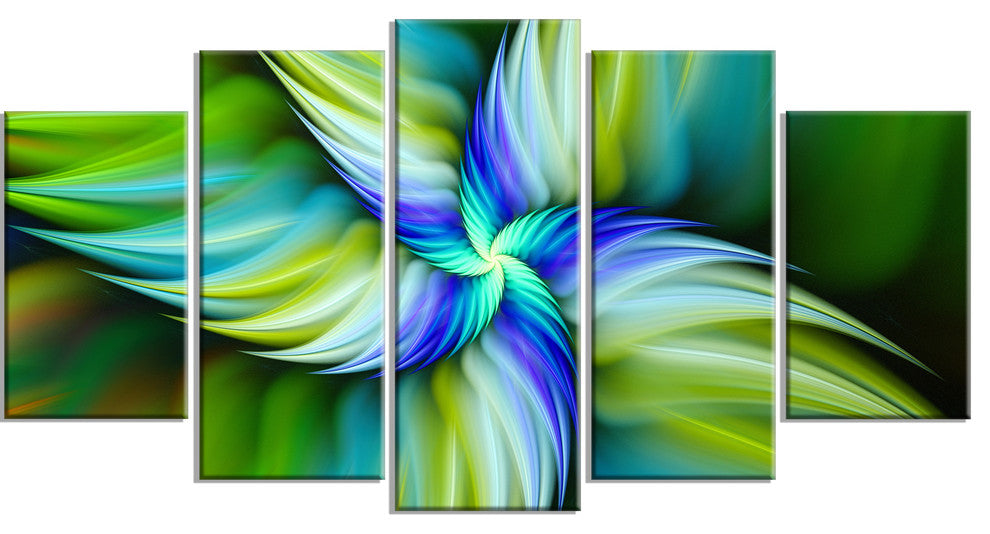 Rotating Fractal Green Star, Large Floral Canvas Art Print, 60"x32", 5 Panels