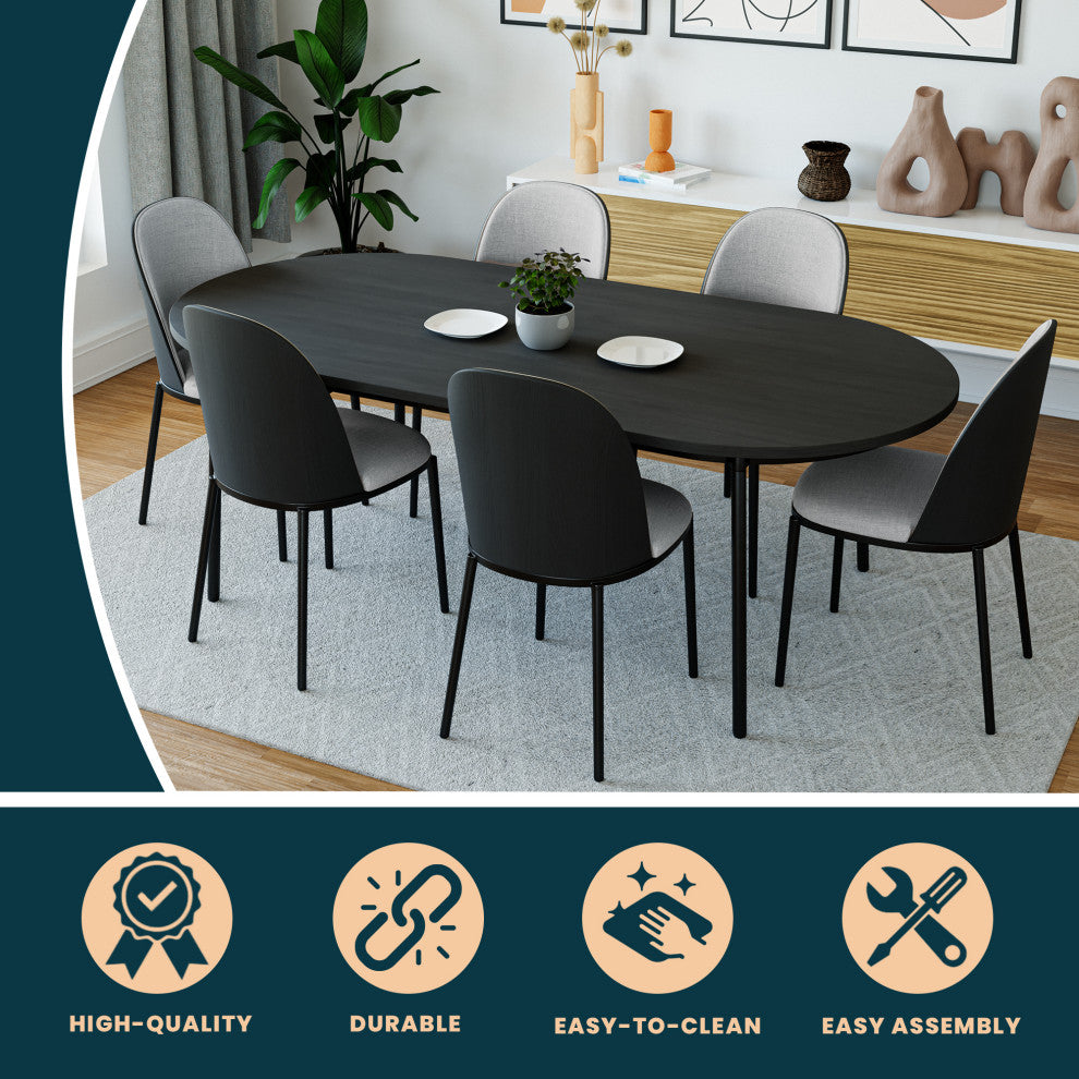 LeisureMod Tule 71" Oval Dining Table With MDF Top and Steel Legs, Black