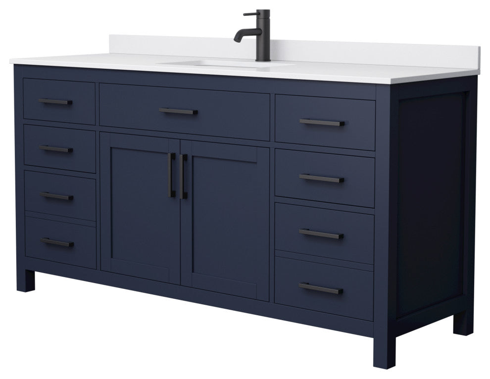66"SGL Bathroom Vanity Dark Blue, White Cult.Marble Countertop, Sink, Black Trim