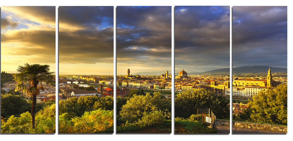 Florence Sunset Aerial View, Landscape Canvas Art Print, 60"x28", 5 Panels