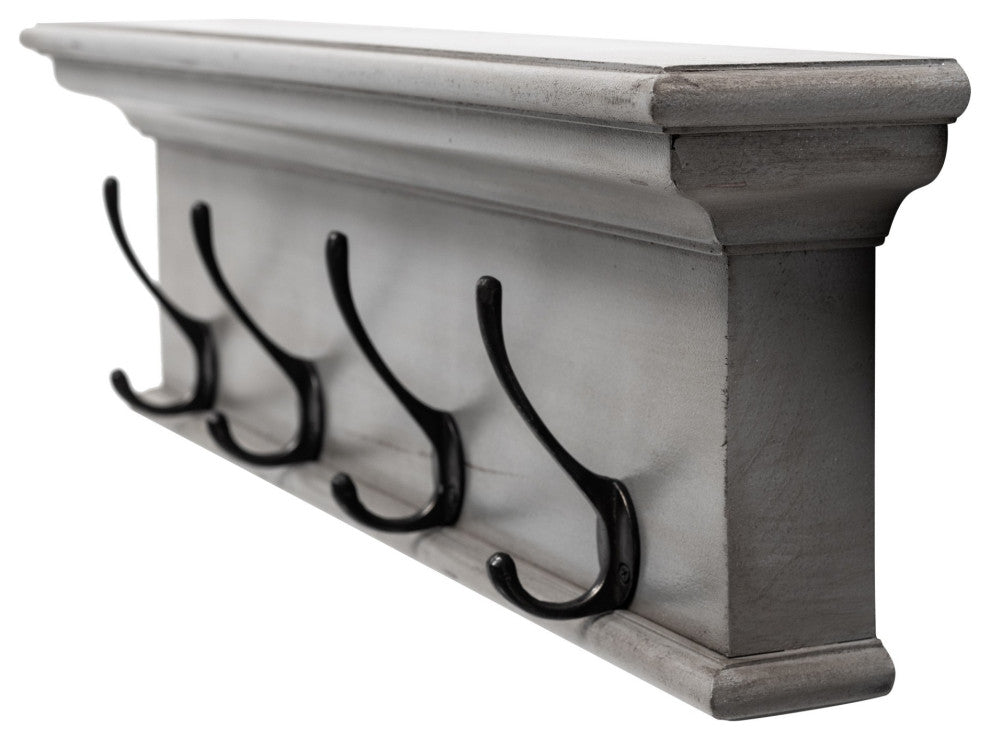 Rustic Antiqued Gray Wood Four Hook Hanging Coat Rack