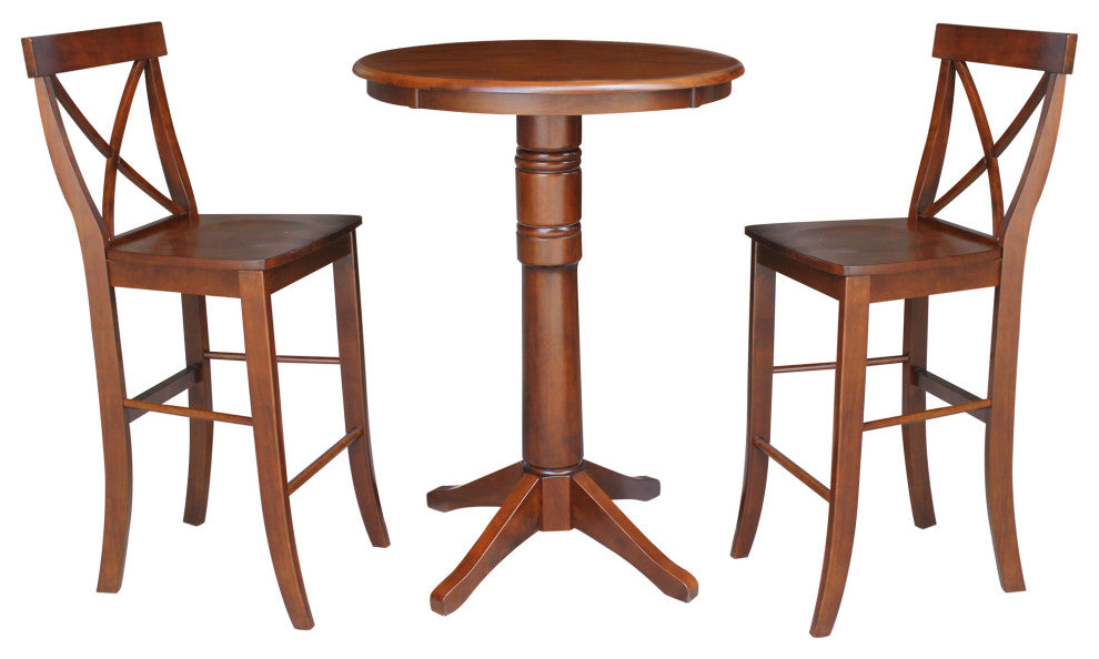 30" Round Pedestal Bar Height Table With 2 X-Back Bar Height Stools, Espresso