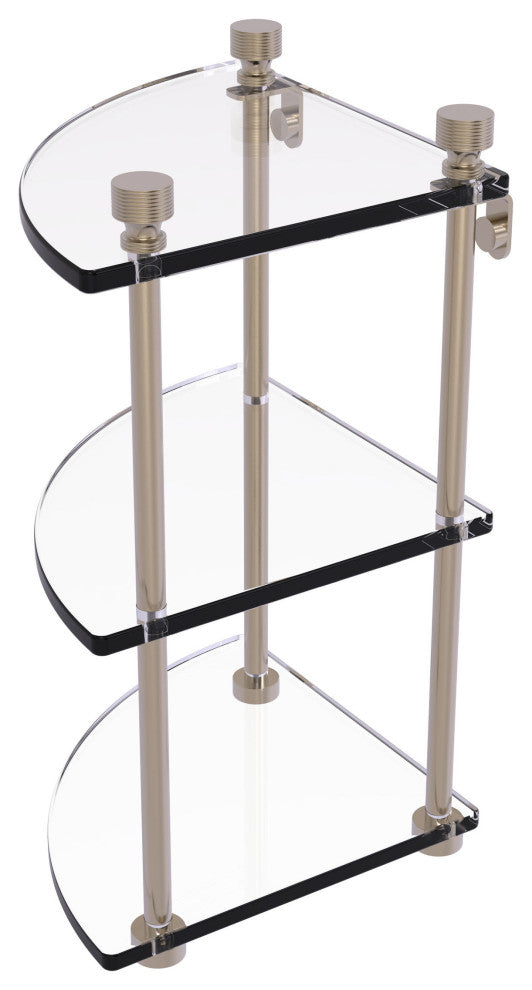 Foxtrot Three Tier Corner Glass Shelf, Antique Pewter