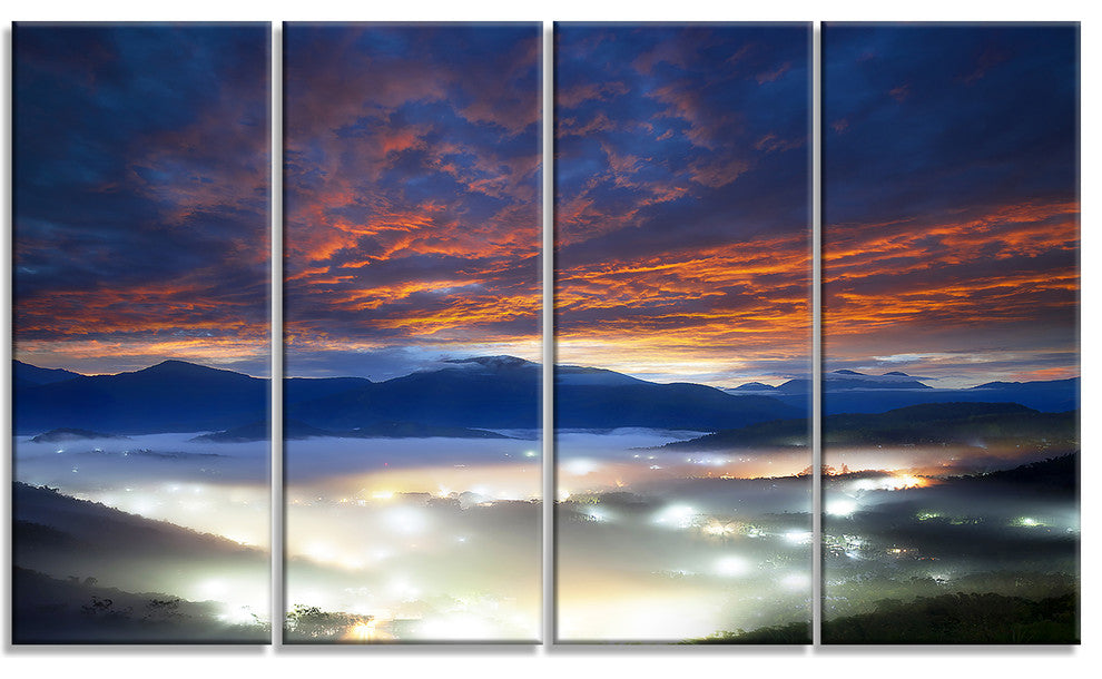 "Fiery Clouds and Lit-up Villages" Landscape Photo Wall Art, 4 Panels, 48"x28"