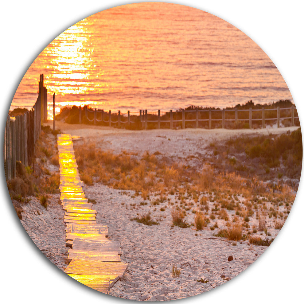 Yellowish Boardwalk Into Seashore, Sea Bridge Round Metal Wall Art, 11"