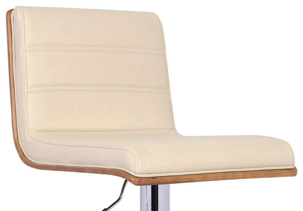Cream Faux Leather Walnut and Chrome Adjustable Swivel Bar Stool