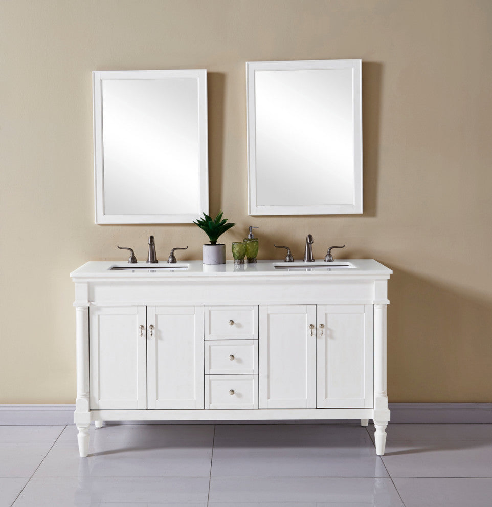 Home Living 60" Single Vanity, Antique White With Engineered Marble Top