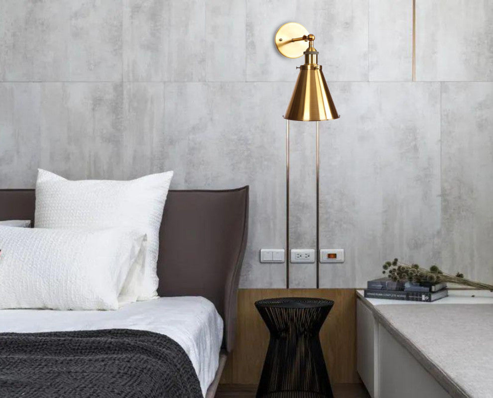 Gold 1-Light Industrial Cone Shape Swing Arm Wall Lamp