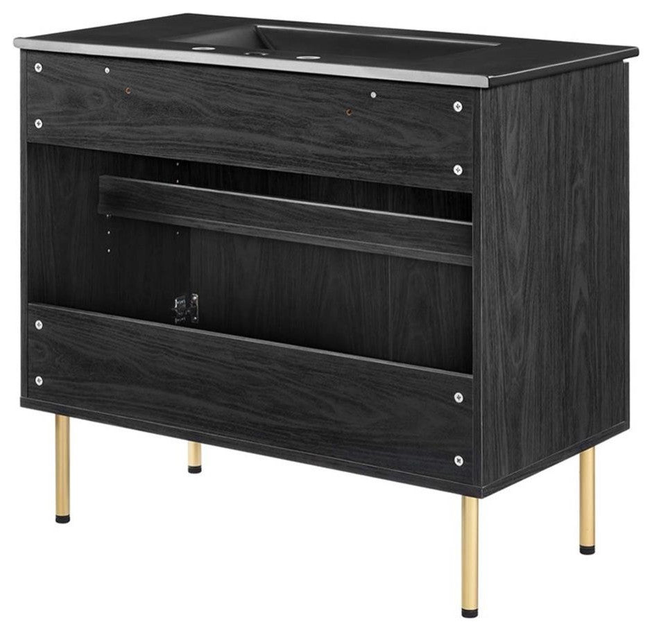 Modway Chaucer 36" Wood & Rattan Bathroom Vanity with Adjustable Shelf in Black