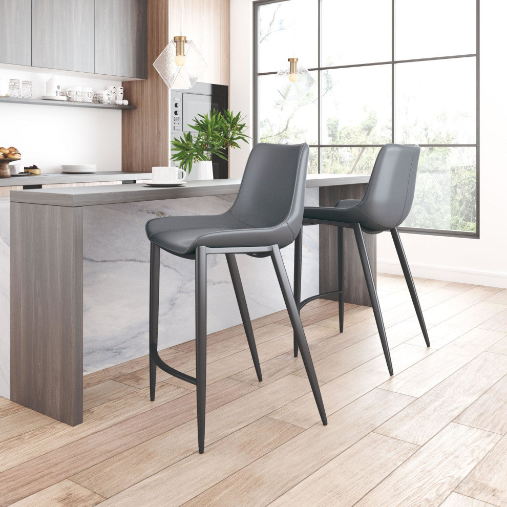 Bar Stool Chair Barstool, Set of 2, Faux Vinyl Leather, Steel, Gray, Black