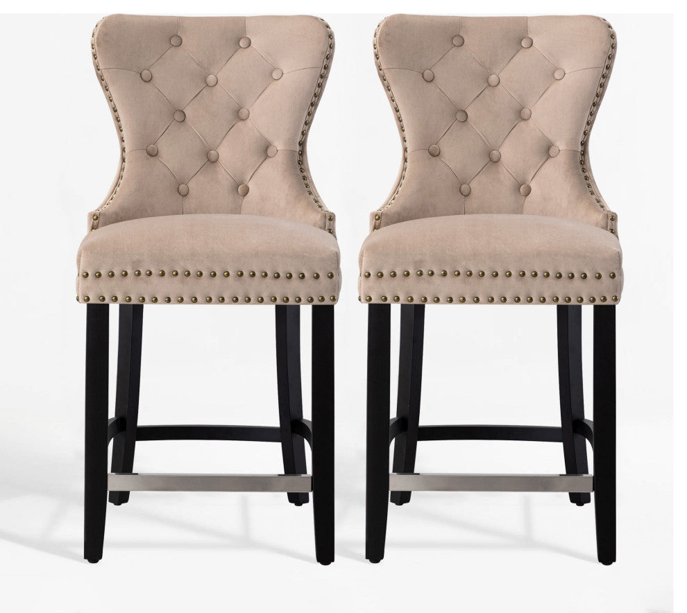 WestinTrends 2PC 24" Tufted Wingback Velvet Counter Height Stool Set, Black, Velvet Taupe