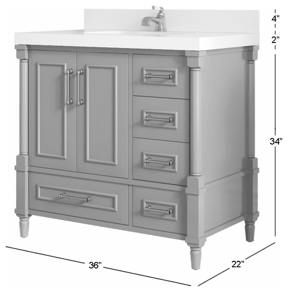 Aberdeen 36 Center Sink Bath Vanity in White 2" Venatino Quartz