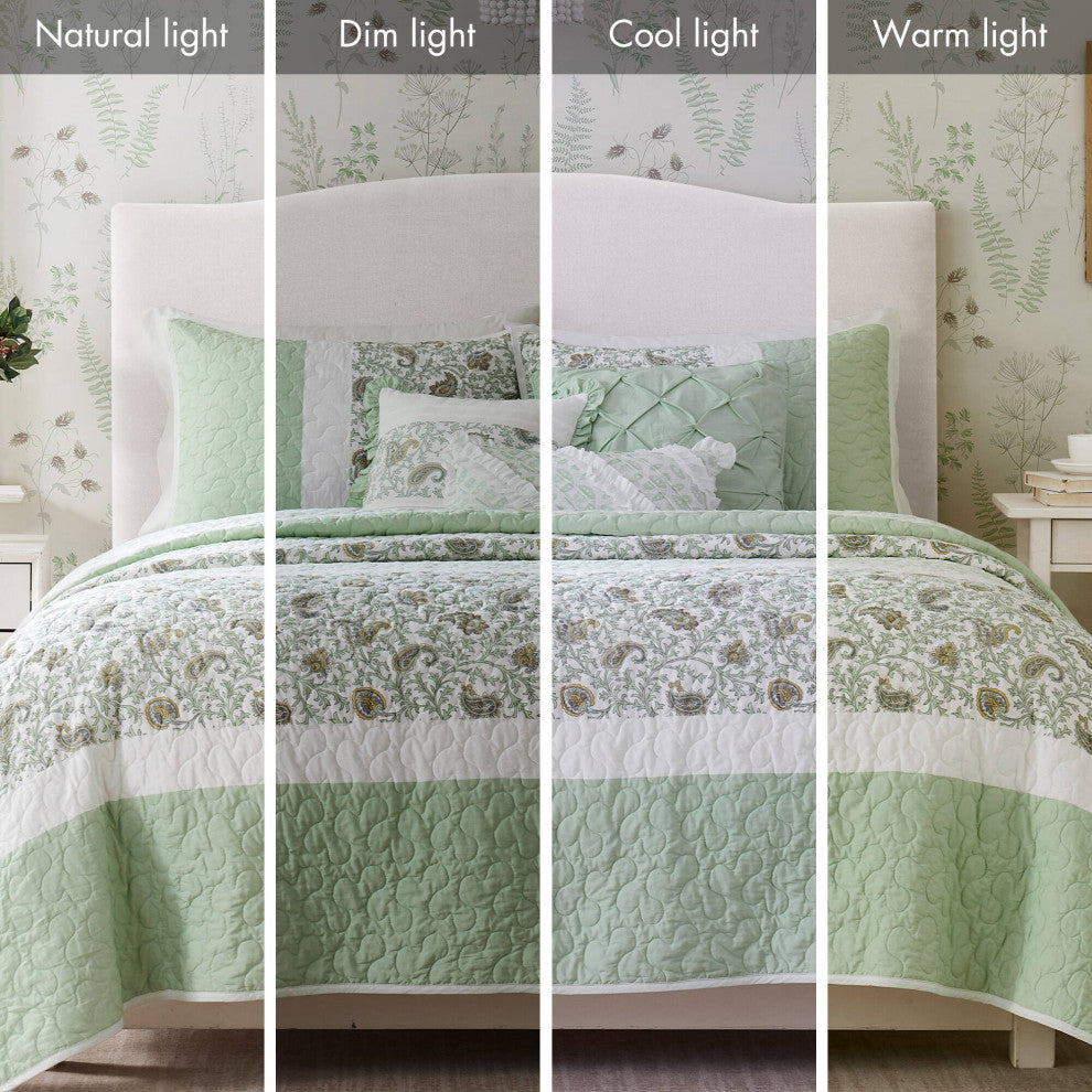 Madison Park Dawn 6 Piece Cotton Percale Quilt Set with Throw Pillows, Sage Green, Full/Queen