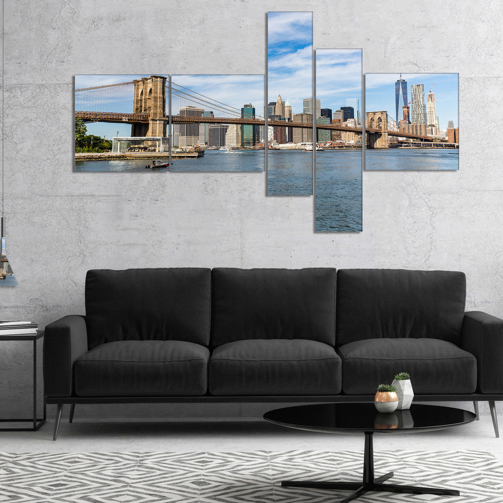 Summer Day Brooklyn Bridge, Cityscape Canvas Print, 60"x32", 5 panels