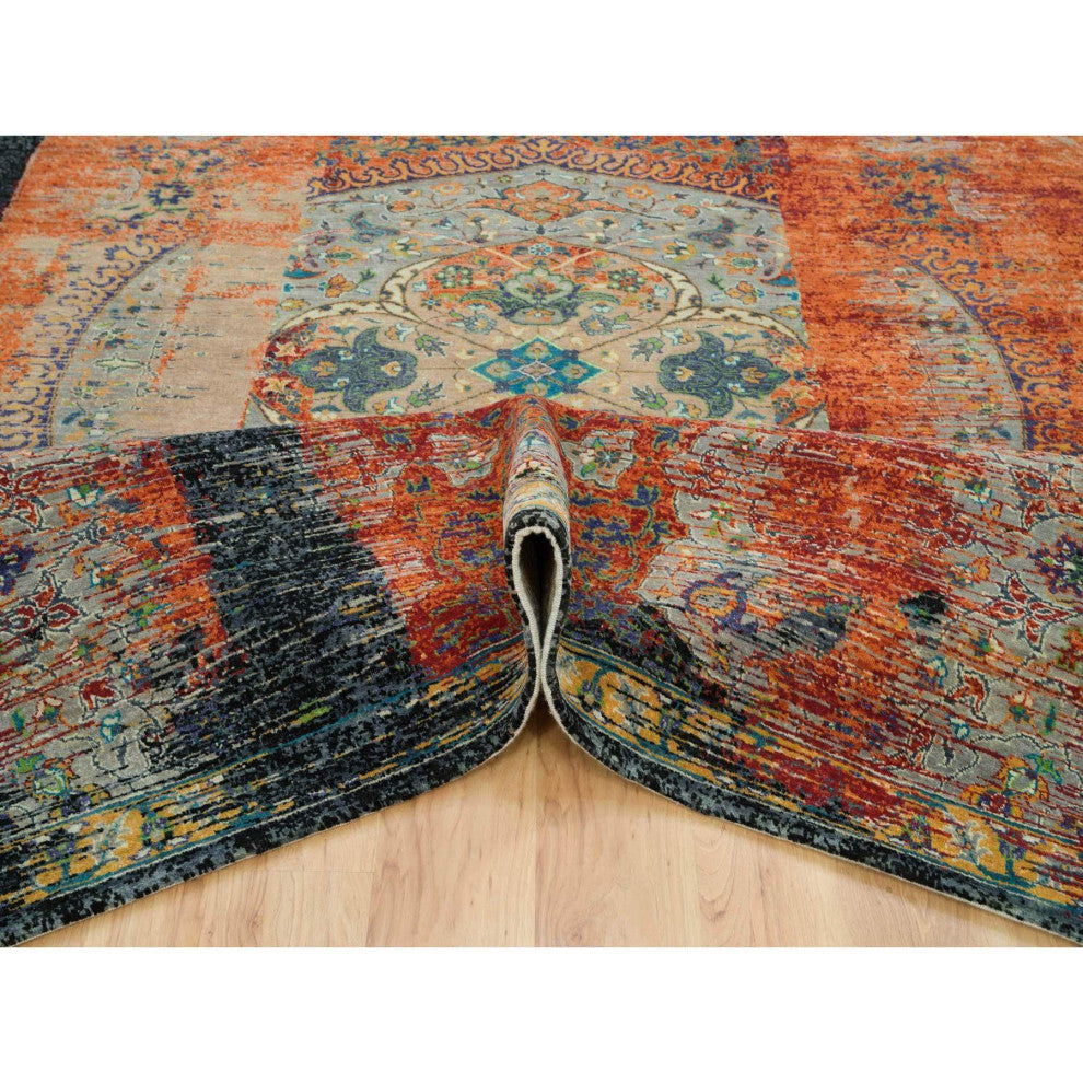 Orange Hand Knotted Ancient Ottoman Erased Design Ghazni Wool Rug 9'2"x12'