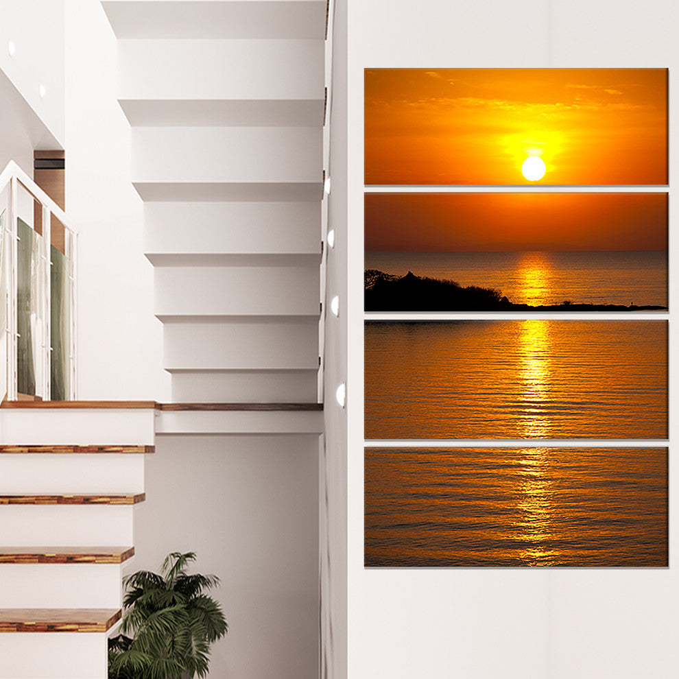 Beautiful Sunrise Reflecting in River, Seashore Canvas Print, 28"x48", 4 Panels