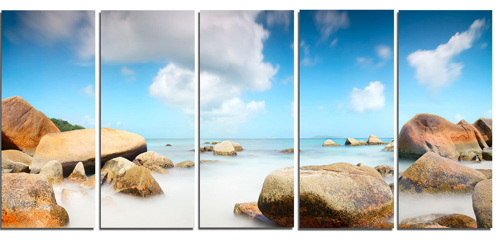 "Rocky Blue Seashore Panorama" Wall Art Landscape, 5 Panels, 60"x28"