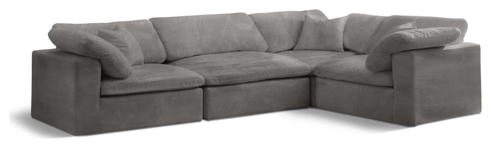 Cozy Velvet Upholstered Comfort L-Shaped Modular Sectional, Grey, 4-Piece: 1 Armless Chair, 3 Corner Chair