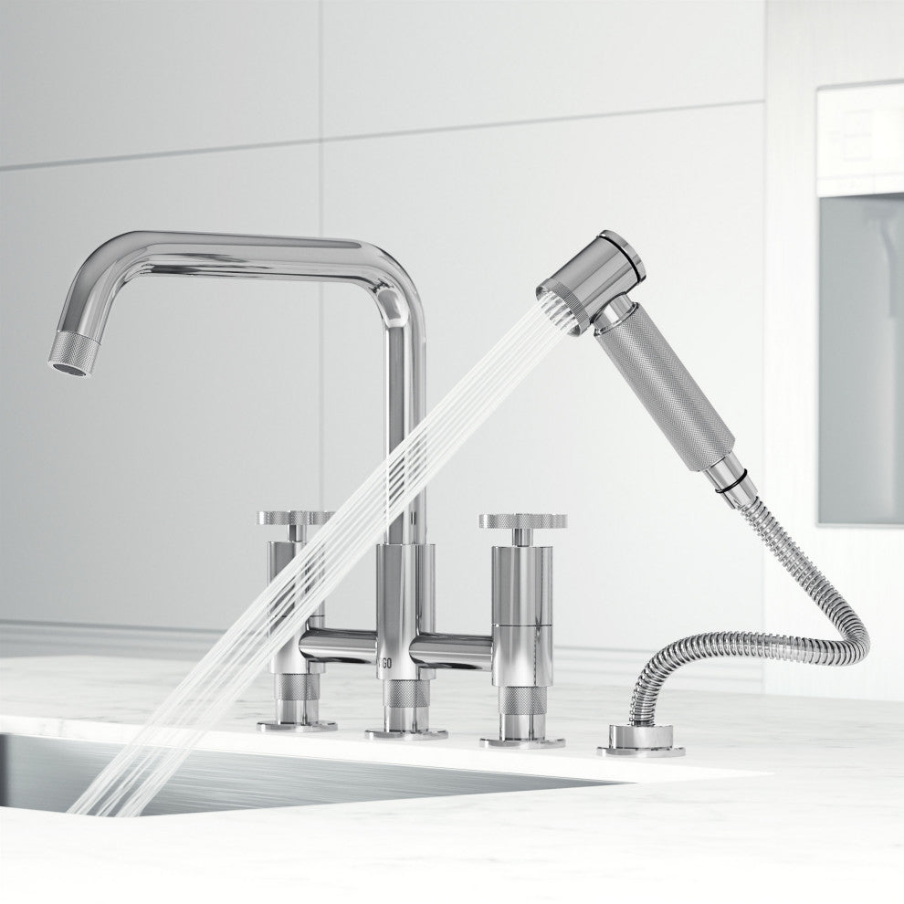 VIGO Cass 12" H 2-Handle Widespread Bridge Pull-Out Sprayer Kitchen Faucet, Chrome