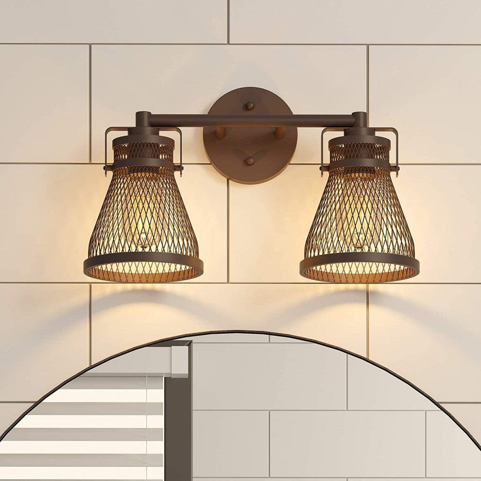 2 light farmhouse wall ight with bronze finish industrial mesh wall light