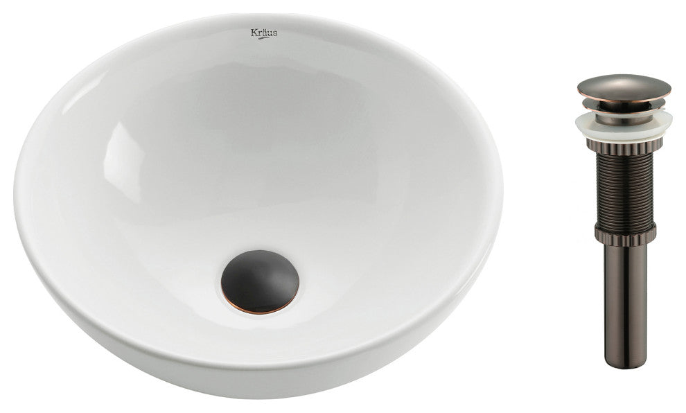 Elavo Ceramic Round Vessel White Sink, PU Drain Oil Rubbed Bronze