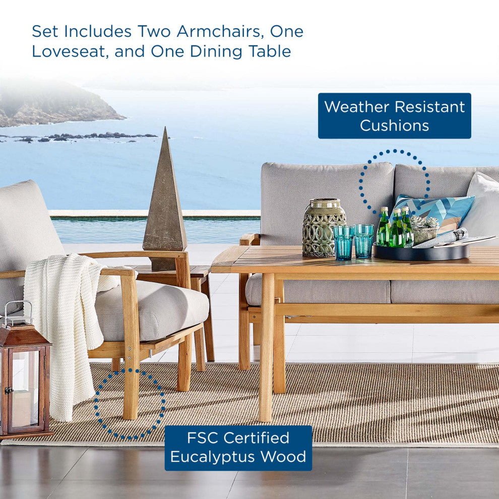 Lounge Sectional Sofa Chair Set, Wood, Brown Natural Gray, Modern, Outdoor