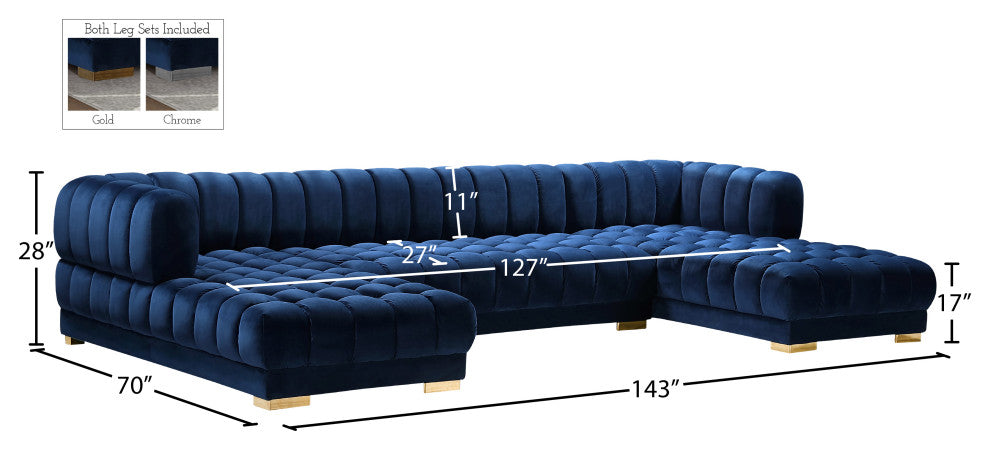Gwen Biscuit Tufted Velvet Upholstered 3 Piece Sectional, Navy